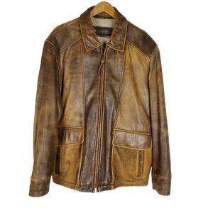 Vintage Columbia Distressed Leather Coat Jacket Mens XL Brown Full Zip Soft